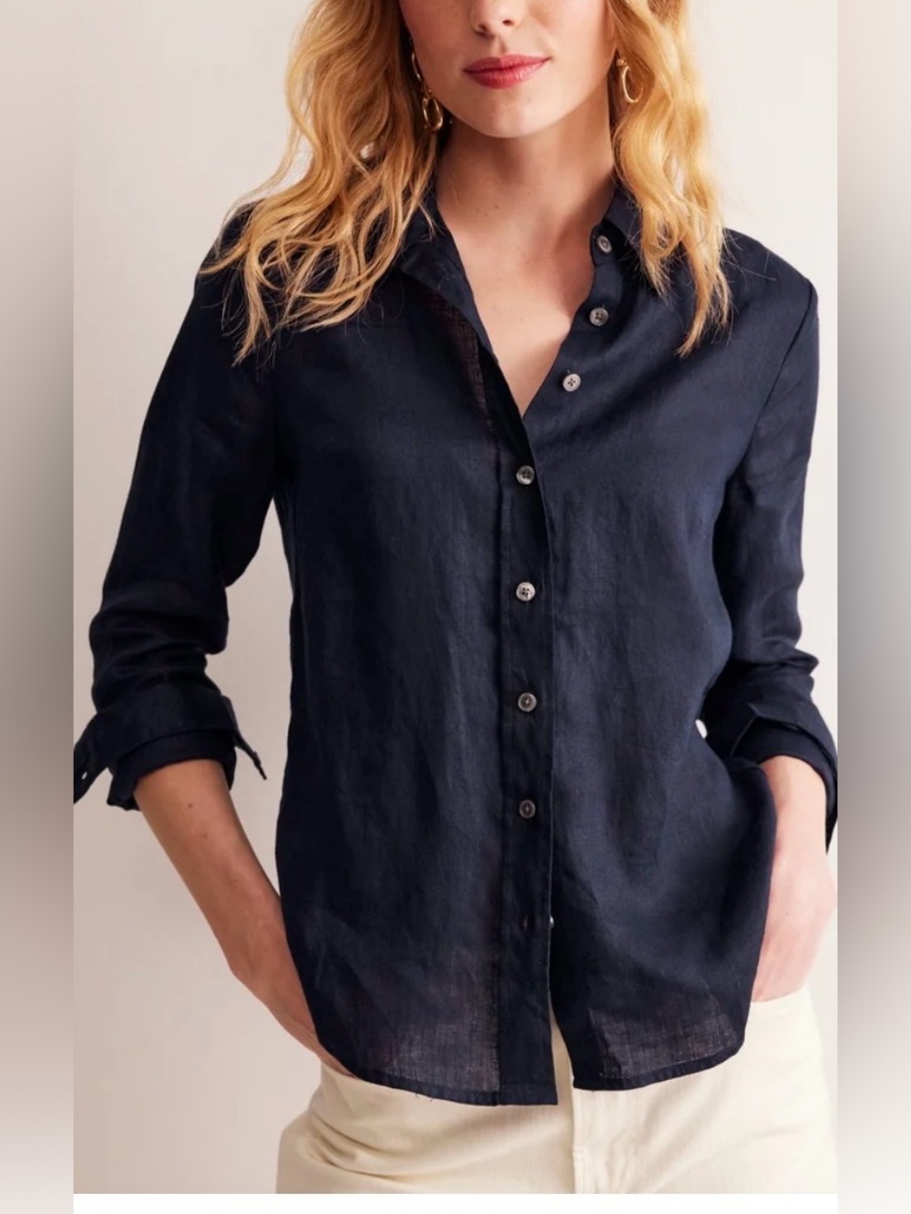 Boden Navy Long-Sleeve Button Front Linen Shirt size 2